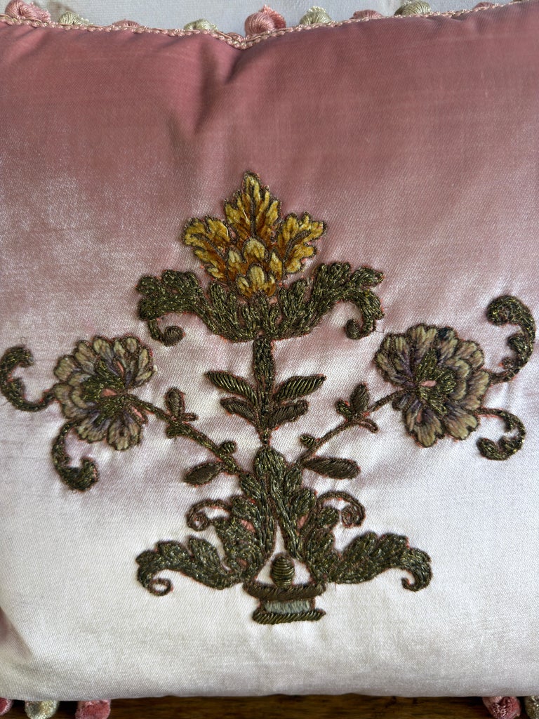 Pair of French Couture Blush Silk Velvet Pillows with 19th Century Appliques&