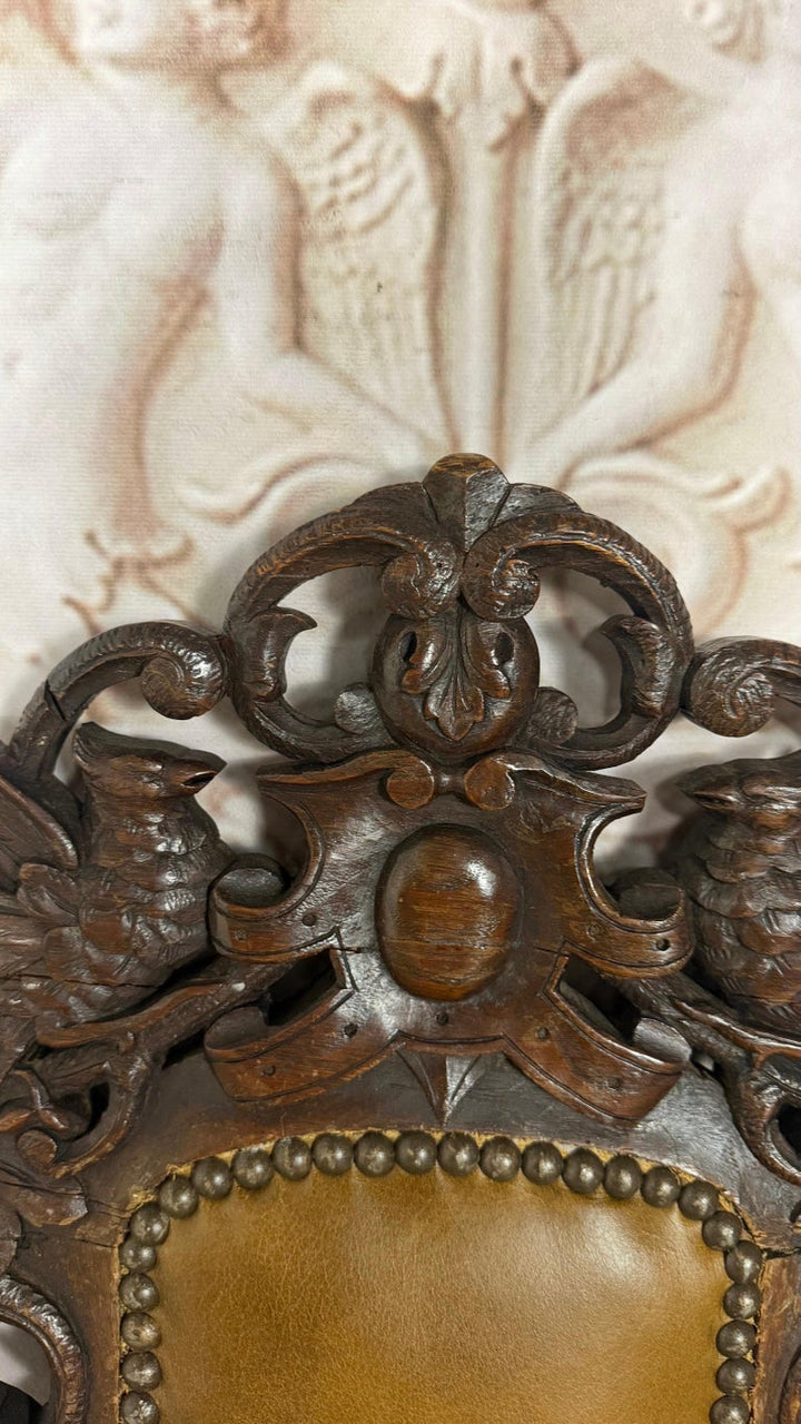 Set of 6 Antique Jacobean Hunt Chairs in Heavily Carved Oak with Cognac Leather