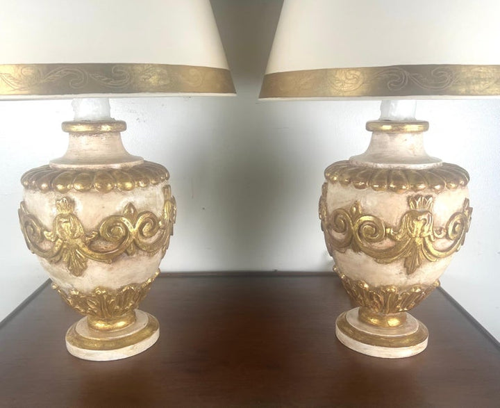 Pair of Italian Painted & Parcel Gilt Lamps w/ Parchment Shades