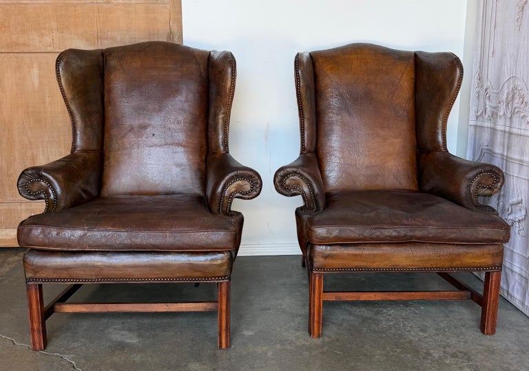 Pair of English Georgian Style Wingback Armchairs - Distressed Brown leather