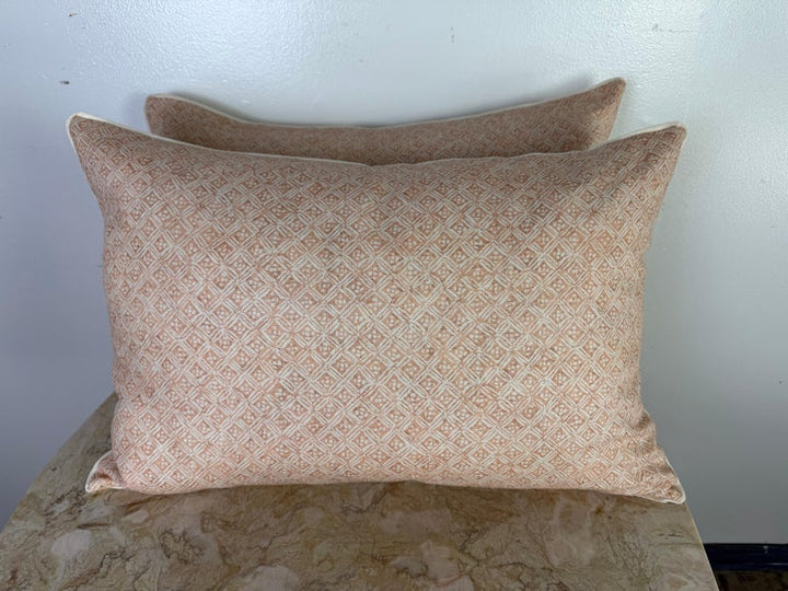 Pair of Custom Printed Linen Pillows in Terracotta and Ivory