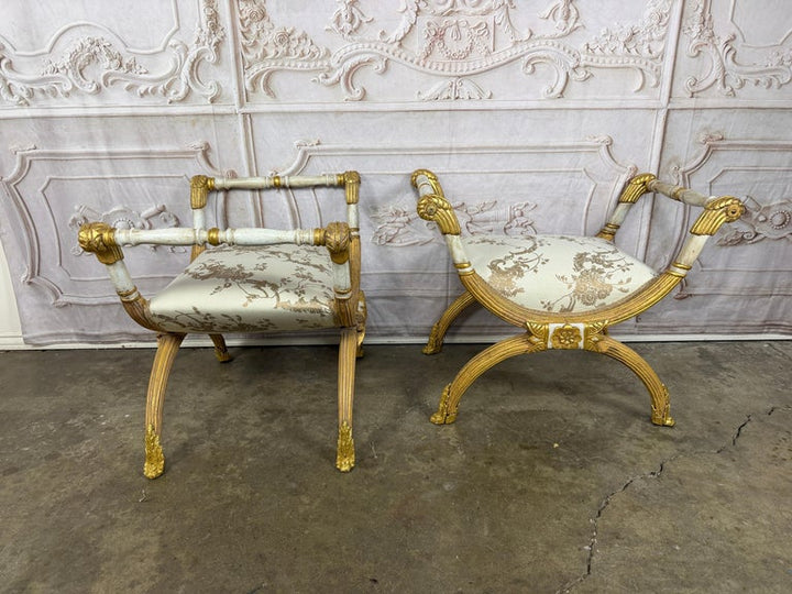 Pair of Italian Neoclassical Curule Stools w/ Fortuny Upholstery