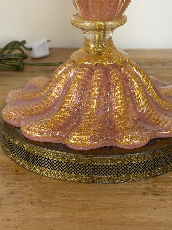 Pair of Murano Pink and Gold Glass Table Lamps w/ Coordinating Parchment Shades