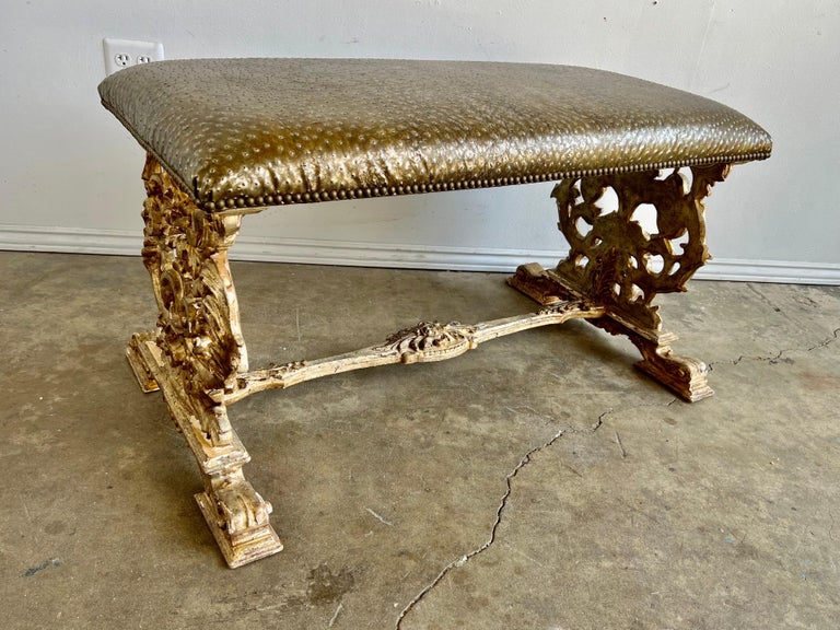 Italian Carved Giltwood Bench W/ Embossed Leather