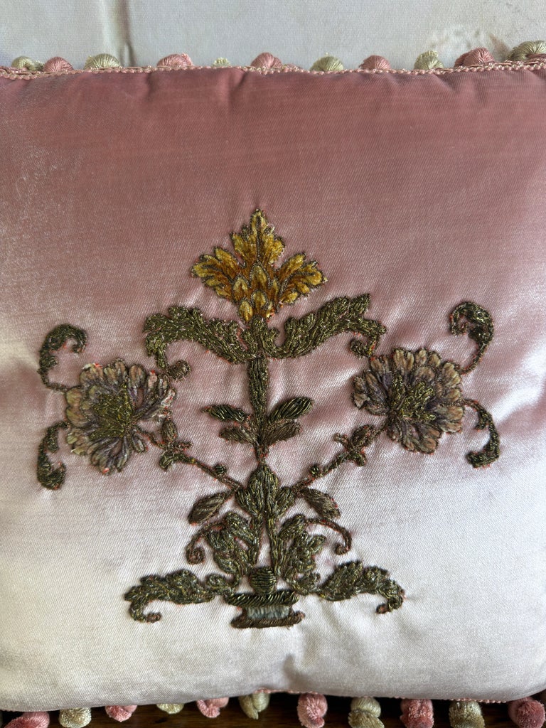 Pair of French Couture Blush Silk Velvet Pillows with 19th Century Appliques&