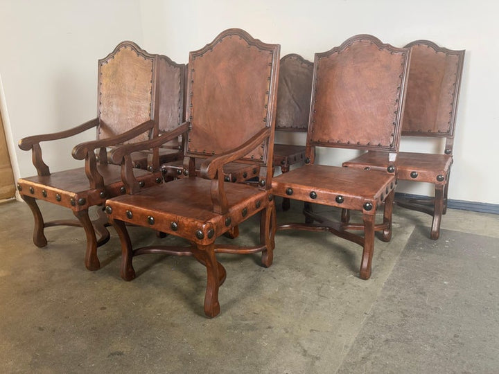 Set of Eight Spanish Walnut & Leather Dining Chairs