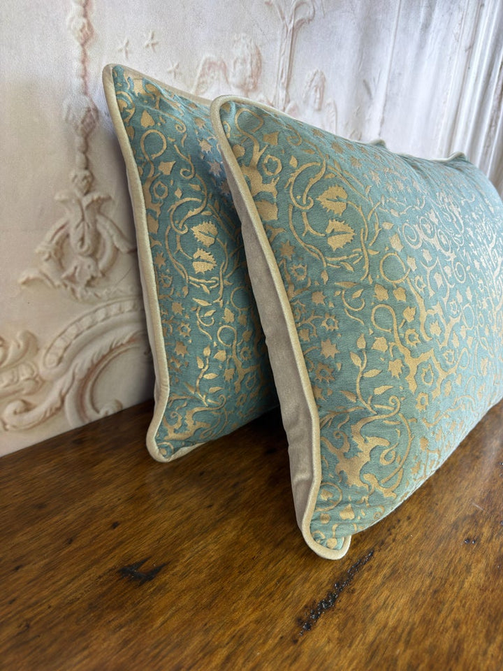 Pair of Venetian Aqua and Gold Fortuny Textile Lumbar Pillows