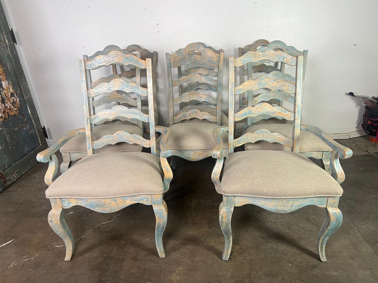 Set of Eight French Painted Ladder Back Dining Chairs