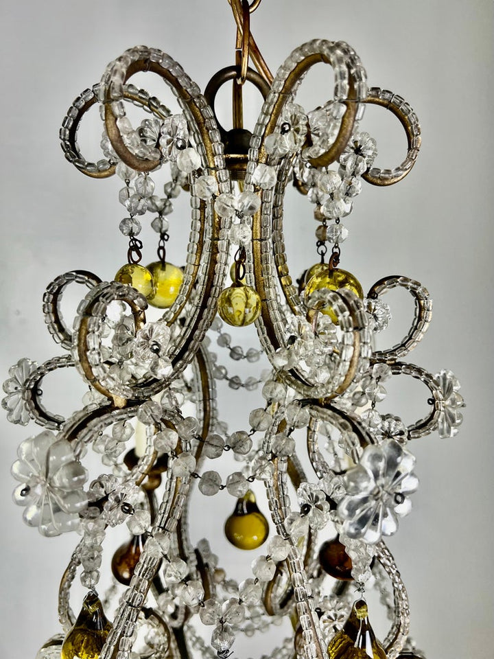 French Crystal Beaded Chandelier W/ Amber Drops, circa 1930