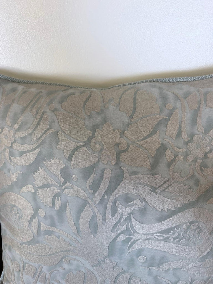 Fortuny Cotton Damask Throw Pillows, Venetian Floral Motif, Aqua & Silver Pair