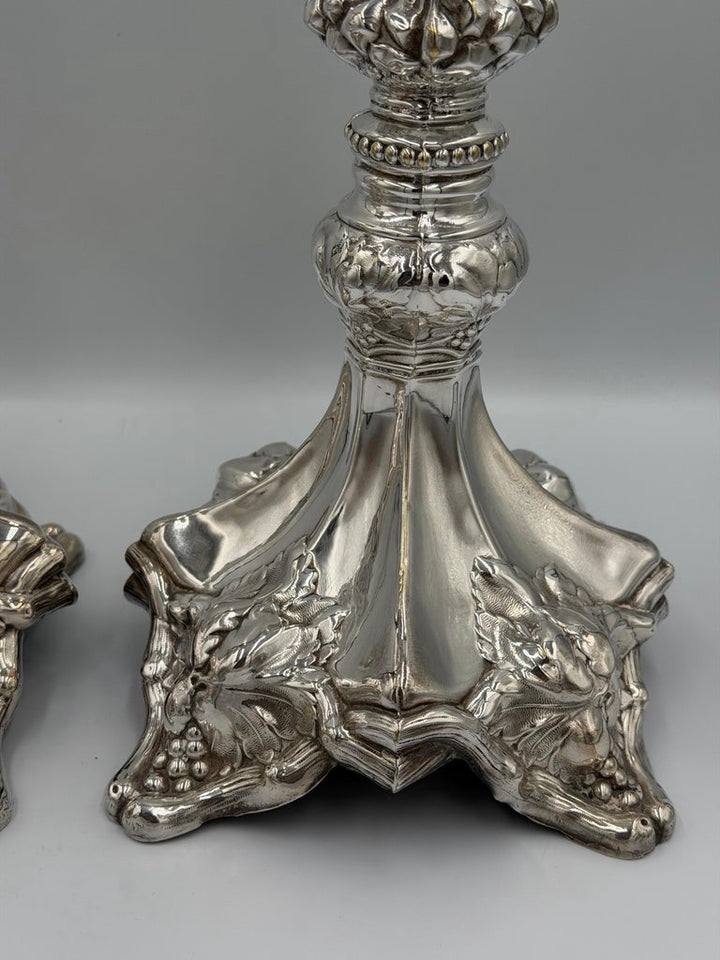 Pair of Baroque Revival Silver Candlesticks with Figural Tripod Bases