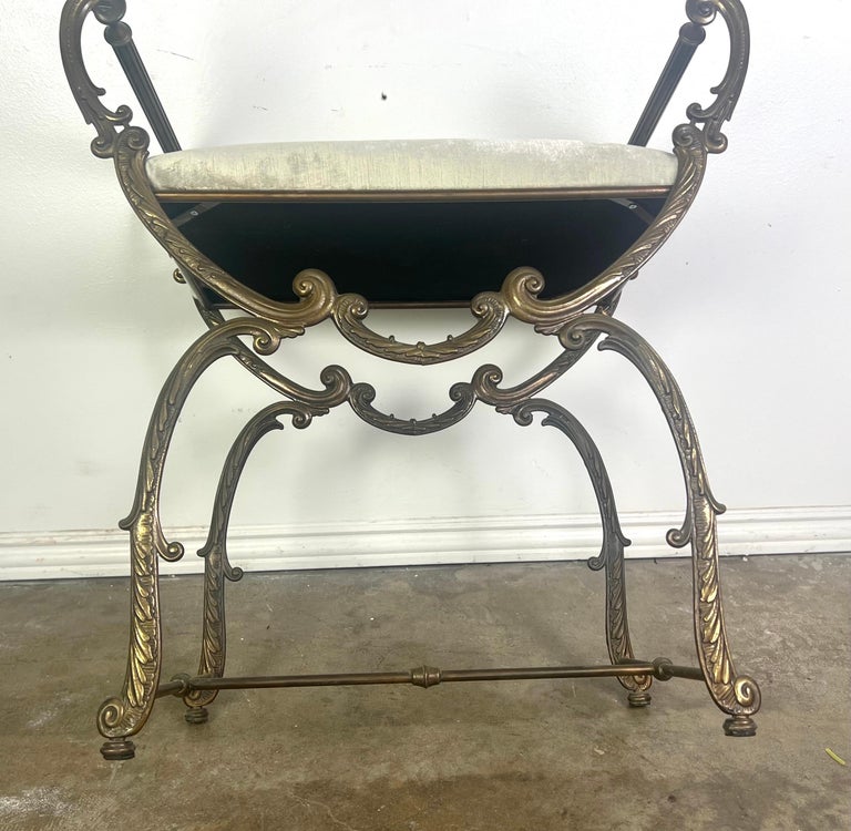 Brass Scrolled Velvet Upholstered Vanity Bench