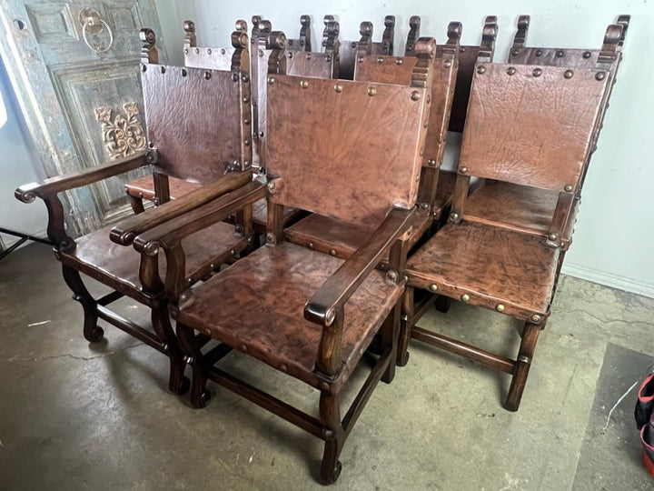 Set of Ten Spanish Leather Dining Chairs C. 1940's