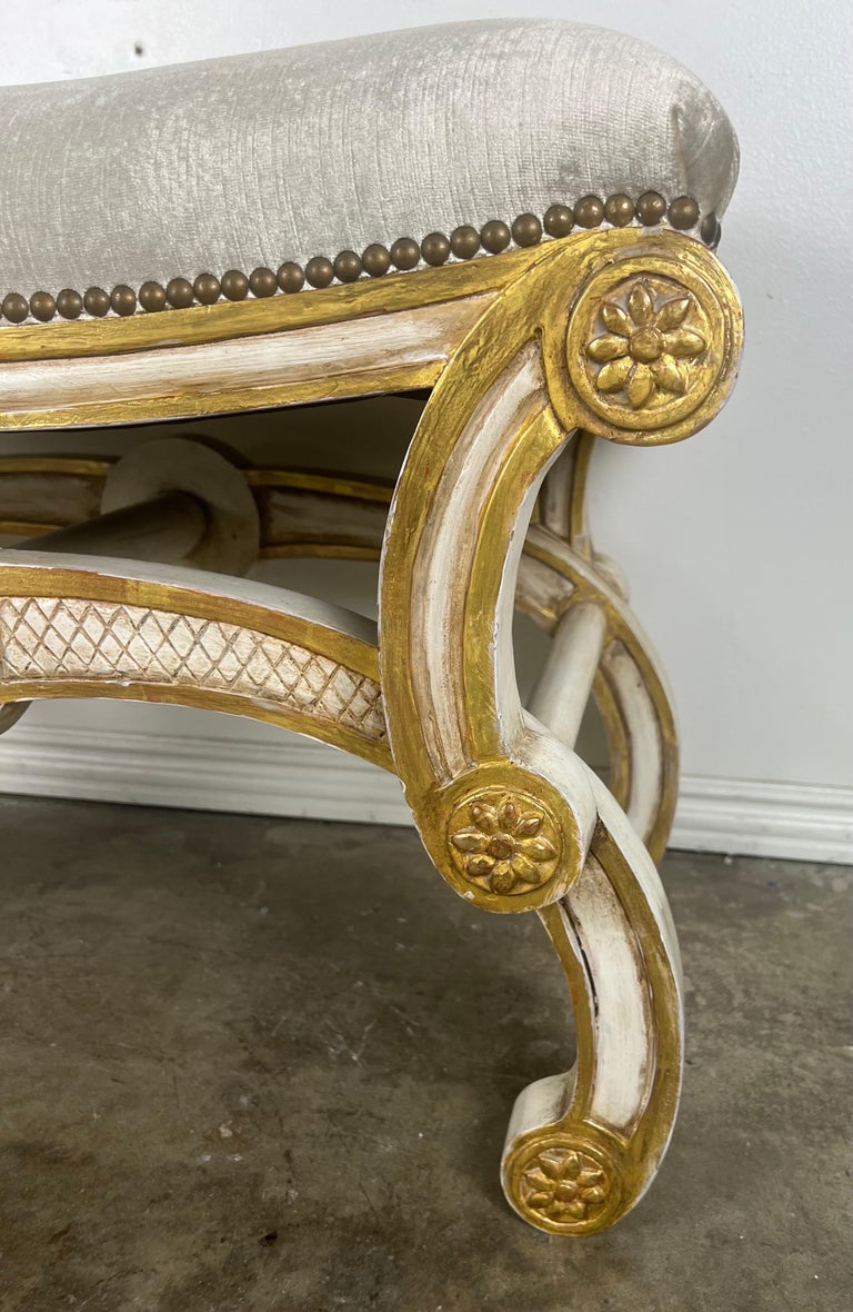 Italian Style Painted & Parcel Gilt Bench w/ Velvet