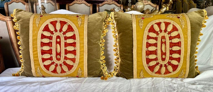 Pair of 19th C. Metallic Embroidered Pillows w/ Trim