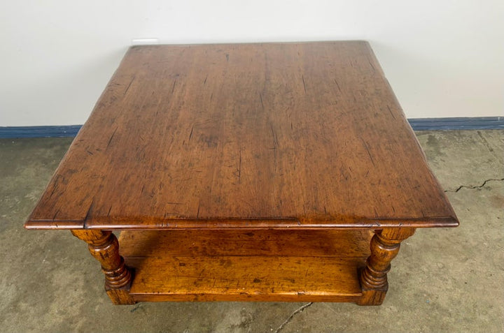 French Country Walnut Coffee Table with Turned Legs and Lower Shelf