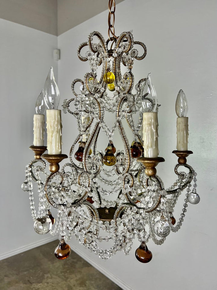 French Crystal Beaded Chandelier W/ Amber Drops, circa 1930