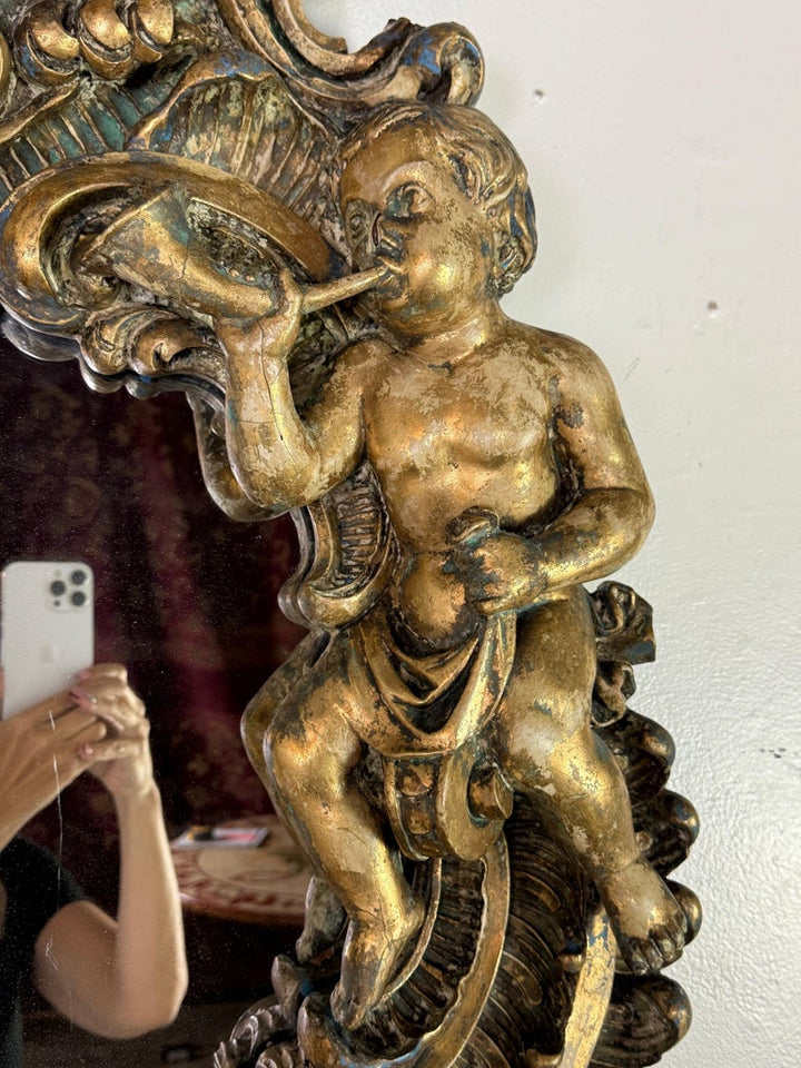 19th Century Italian Rococo Giltwood Figural Mirror