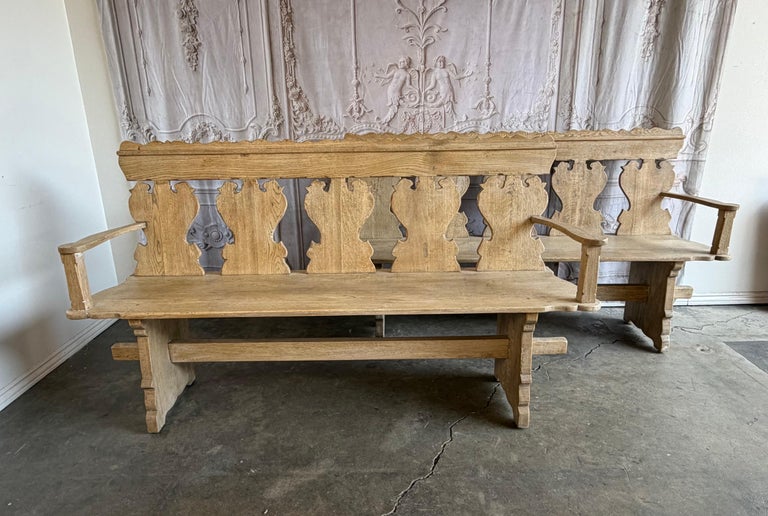 Rustic Hand-Carved Oak Benches, Pair, Folk Art / Spanish Colonial Style