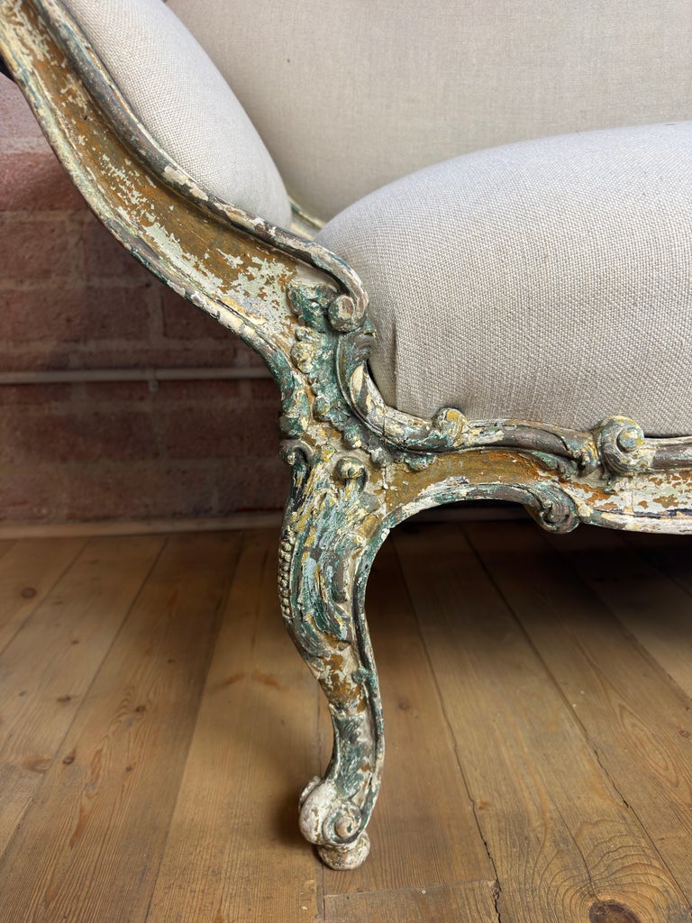 French Louis XV Corbeille Settee with Original Distressed Patina and Shell Crest