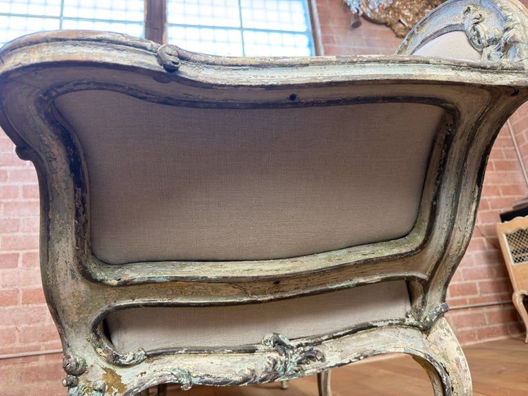 French Louis XV Corbeille Settee with Original Distressed Patina and Shell Crest