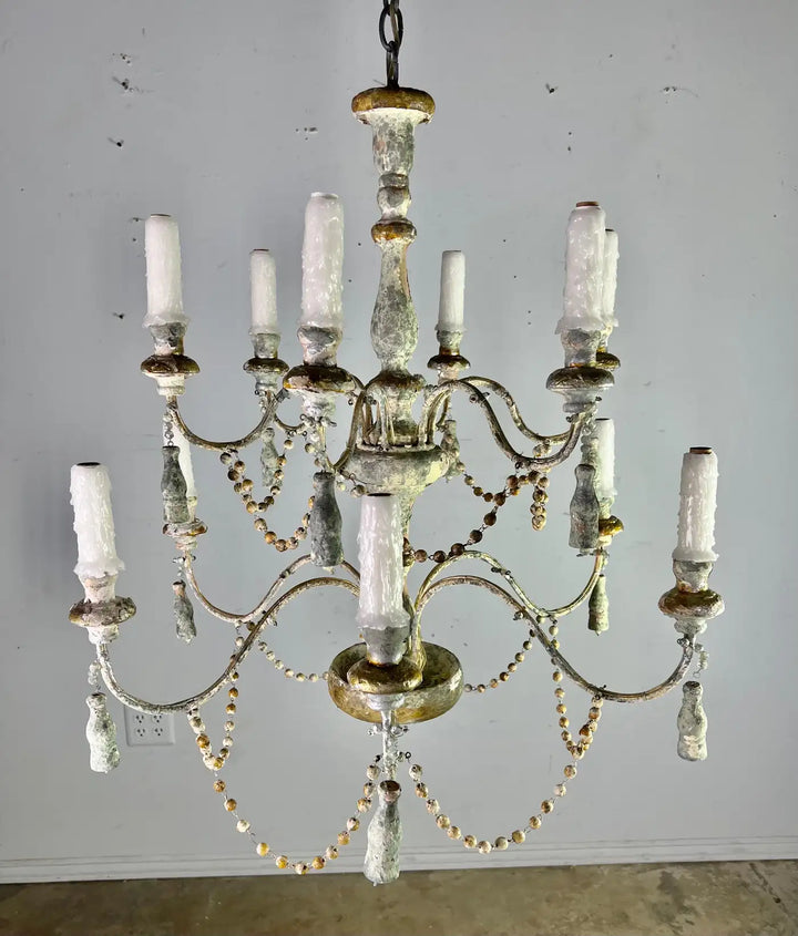 Twelve Light Wood & Iron Painted Chandelier by MLA