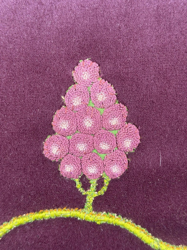 Pair of Aubergine Velvet Pillows - Antique Hand-Embroidered Grape Vine Applique