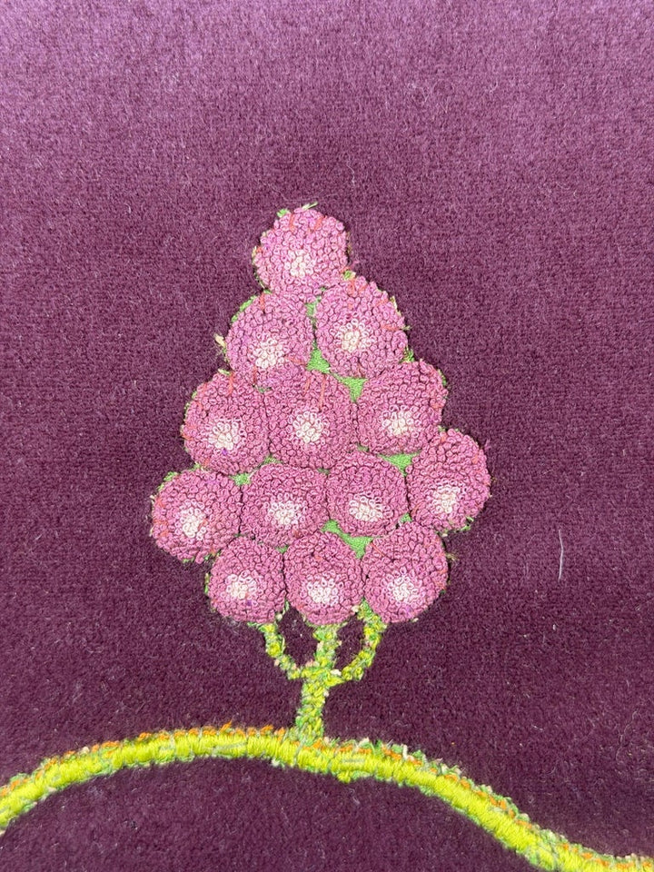 Pair of Aubergine Velvet Pillows - Antique Hand-Embroidered Grape Vine Applique
