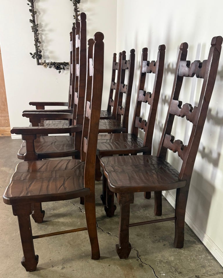Set of 8 Spanish Colonial Revival Carved Wood Dining Chairs, Mid-20th Century
