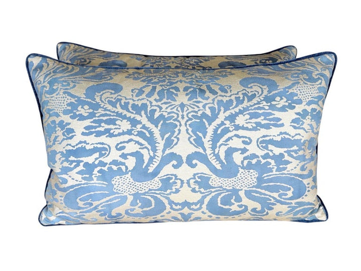 Pair of Custom Fortuny Textile Pillows in Blue with Velvet Backs