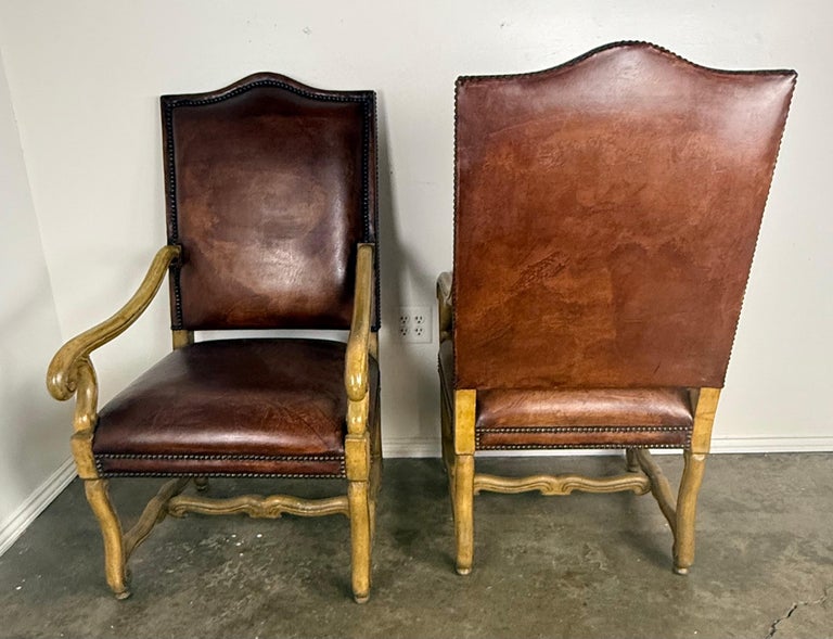 Pair of Mid-20th Century Italian Carved Armchairs with Leather Upholstery