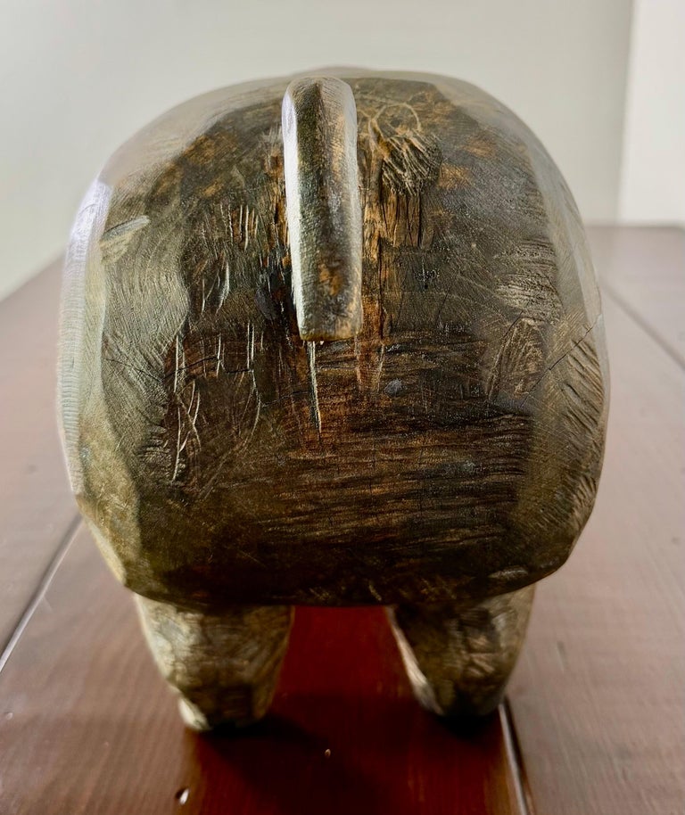 Folk Art Carved Wooden Pig Sculpture with Patinated Finish