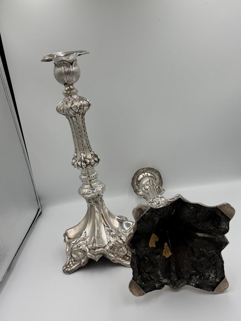 Pair of Baroque Revival Silver Candlesticks with Figural Tripod Bases