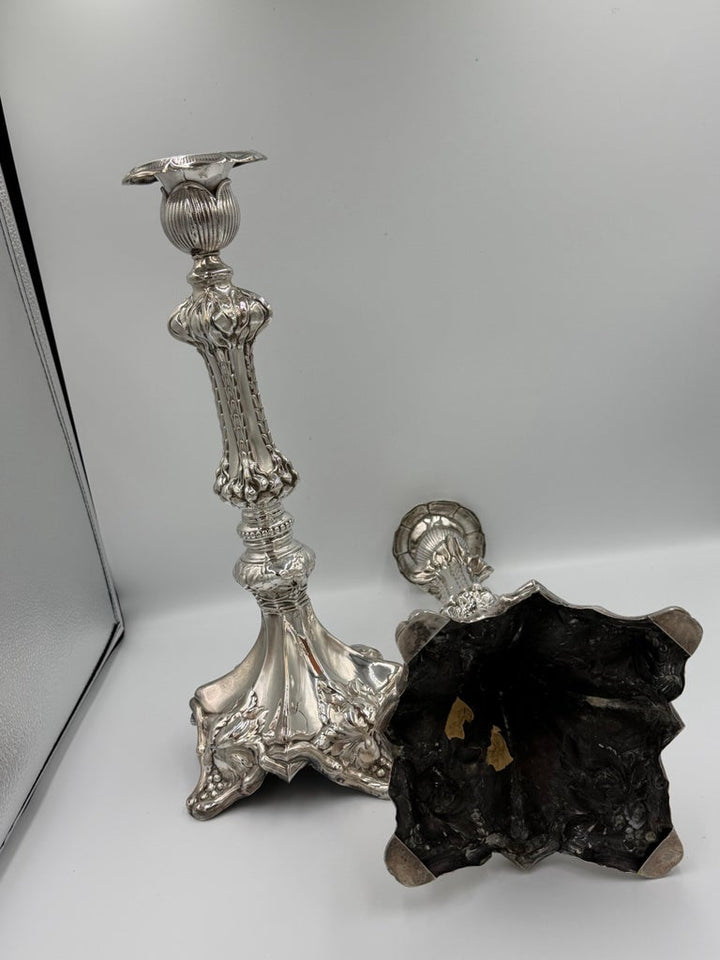 Pair of Baroque Revival Silver Candlesticks with Figural Tripod Bases