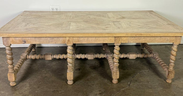 Large European Rustic Coffee Table with Parquetry Top and Barley-Twist Base