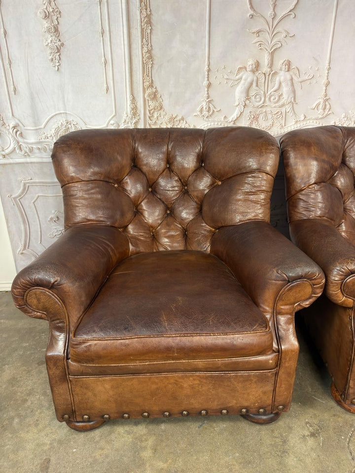 Pair of English Library Club Chairs in Hand-Finished Cognac Leather