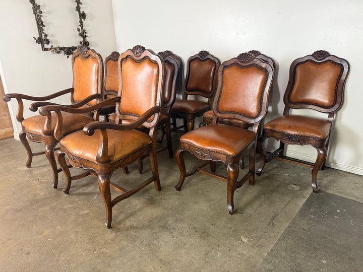 Set of Eight French Carved Wood Dining Chairs with Leather Upholstery