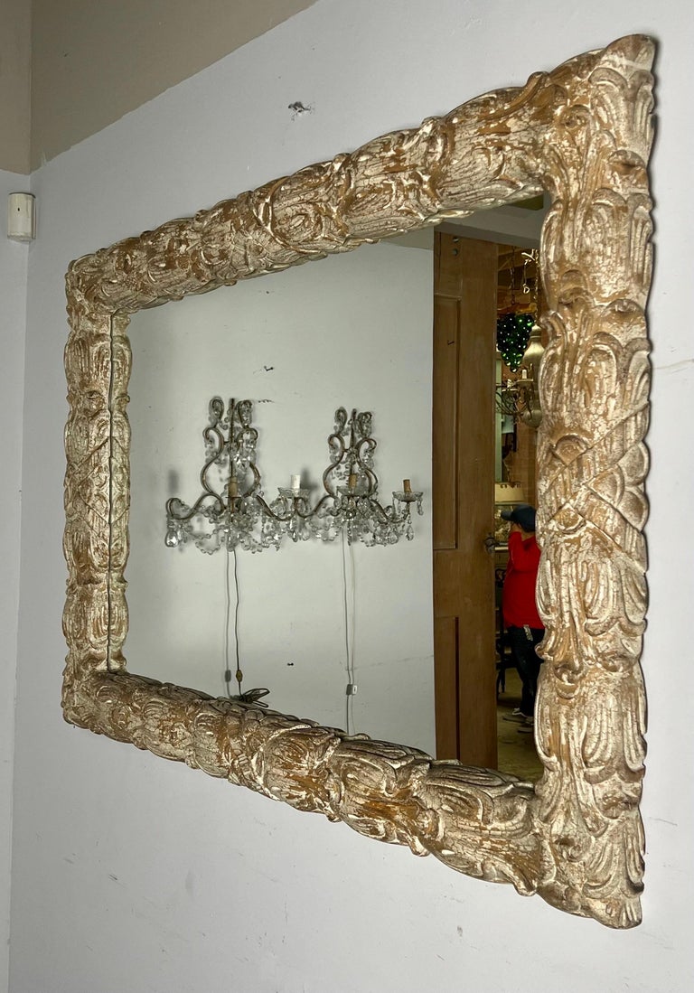 French Carved Wood Mirror with Custom Crackle Finish