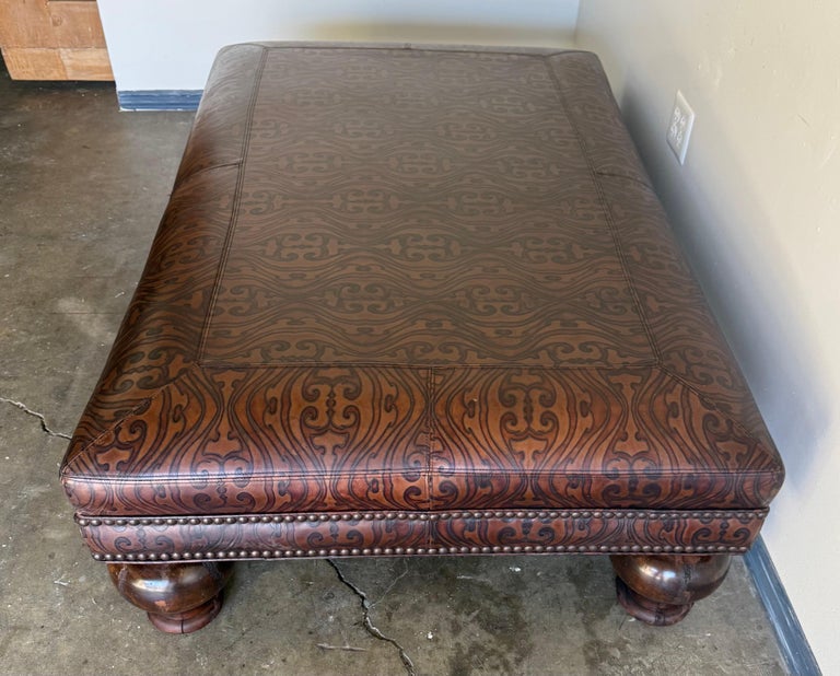Large Embossed Leather Ottoman with Bun Feet