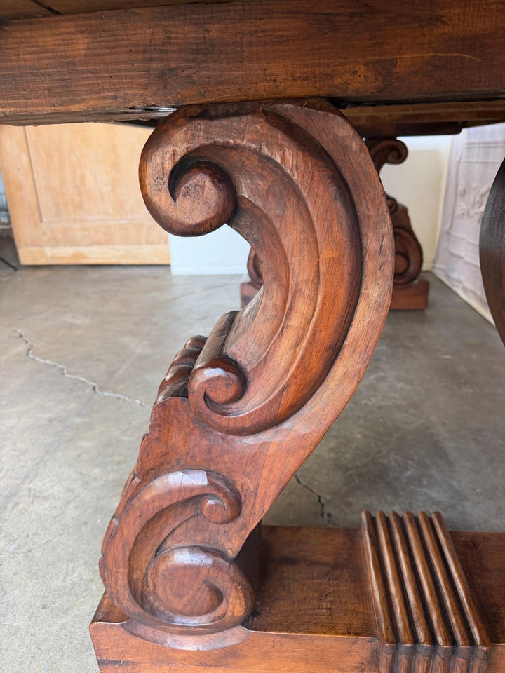 Spanish Colonial Revival Walnut Dining Table with Hand-Carved Scrollo