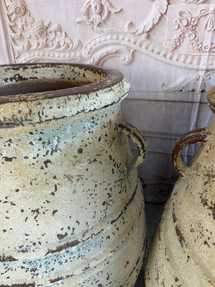 Pair of Large Distressed Mediterranean Style Terracotta Olive Jars with Handles