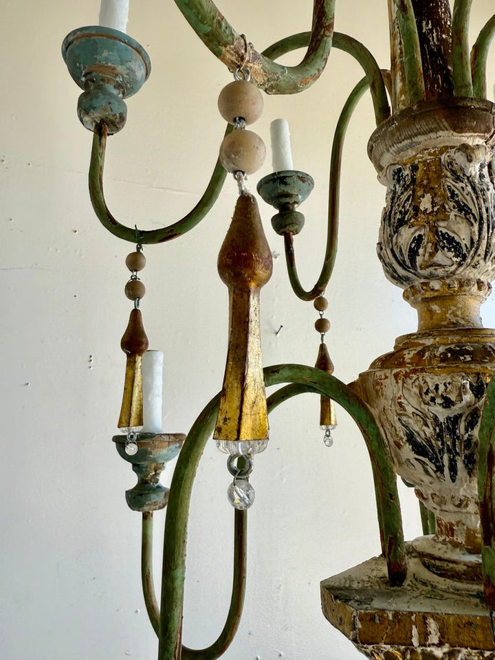 Grand Italian Painted and Giltwood Twelve-Light Chandelier