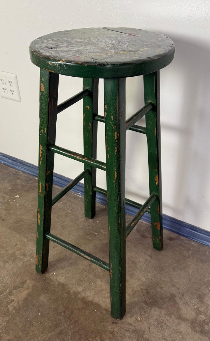 19th C. Hand Painted Bar Stool w/ Rooster