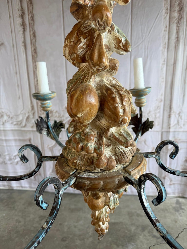 Italian Rococo Painted Wood & Iron 6-Light Chandelier with Fruit Garland