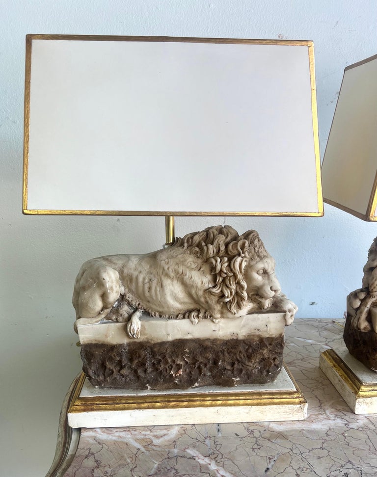 Pair of Italian Carved Stone Lion Lamps with Parchment Shades