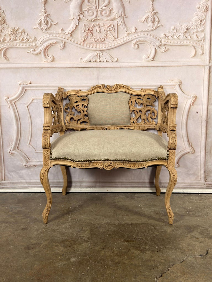 Antique Venetian Rococo Pierced Bench Settee- Hand Carved Bleached Walnut