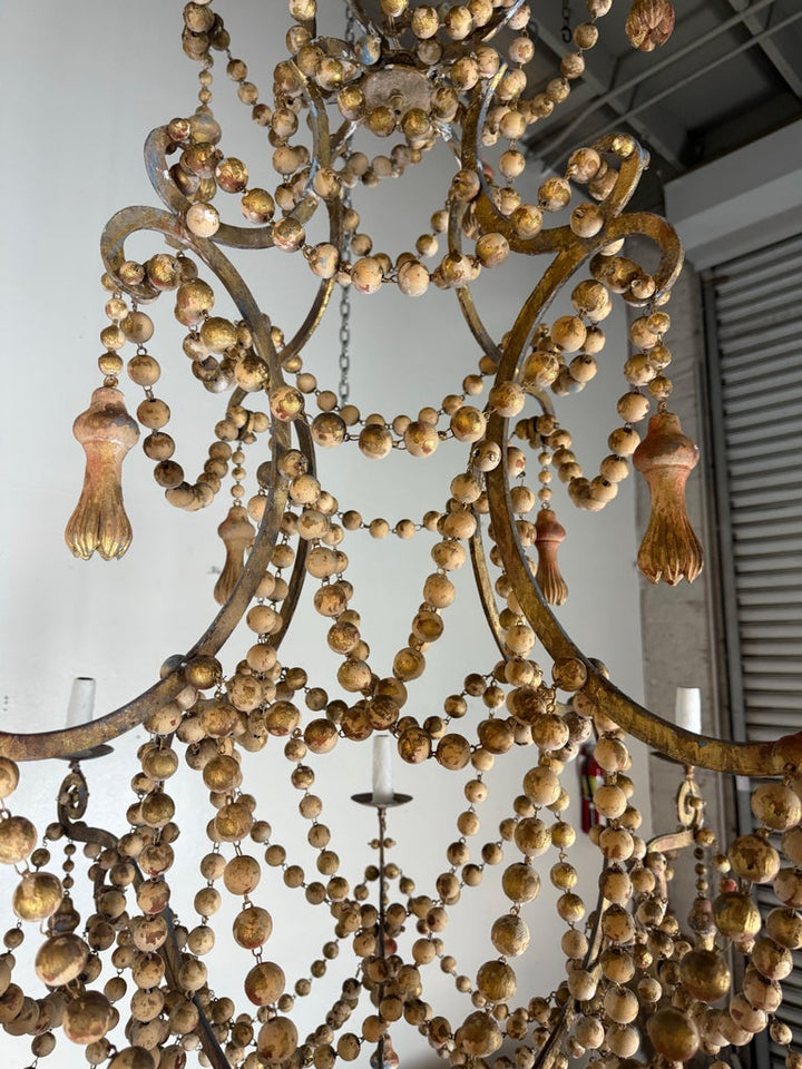 Monumental Italian Parcel-Gilt & Painted Wood-Bead Chandelier