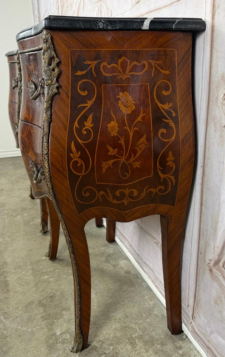 Pair of French Louis XV Style Bombe Nightstands - with Marble Tops