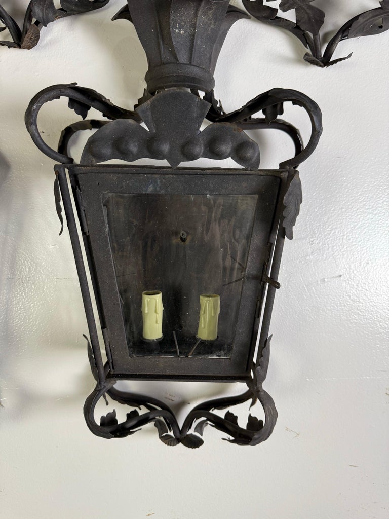 Set of Five Hand-Forged Spanish Wrought Iron Wall Lanterns