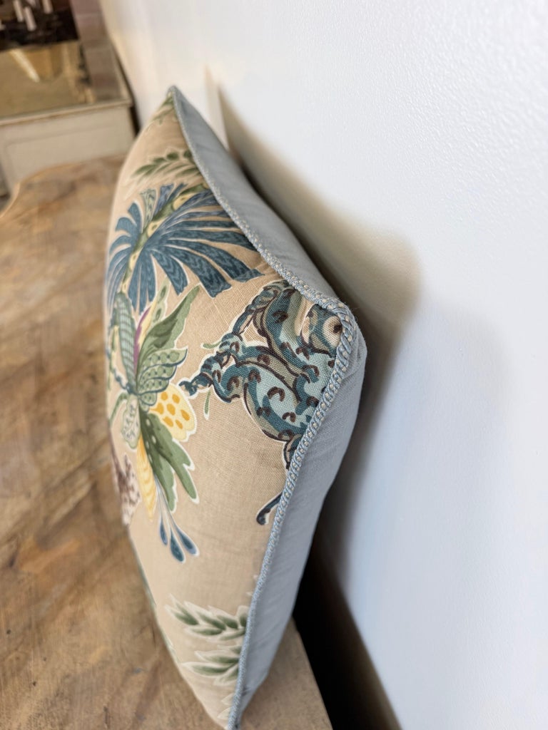 Designer Linen Throw Pillow in Exotic “Braganza” Jungle Print with Leopard Motif